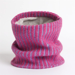 Detail of pink rib knit neck warmer with soft grey faux fleece lining for winter warmth