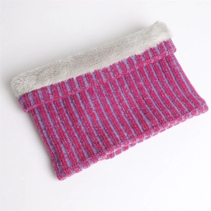 Close-up of pink and purple ribbed knit scarf with thick light grey faux fur lining