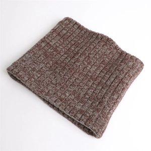 Macro view of thick ribbed knit neck warmer showing red-brown and gray mixed yarn texture