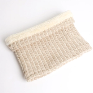Detailed view of oatmeal ribbed knit neck gaiter with soft faux rabbit fur lining
