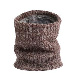 Thick winter rib-knit neck warmer with warm grey faux fur lining in brown mixed color