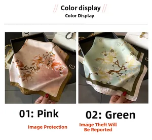 Dual view of elegant silk square scarves in pink and green with floral patterns