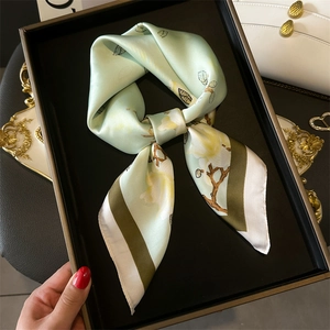 70cm light green silk square scarf with magnolia flower print and dark brown contrast border