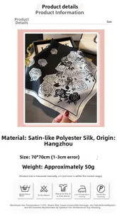 Detail of 70x70cm square silk scarf with elegant black and white rose floral pattern