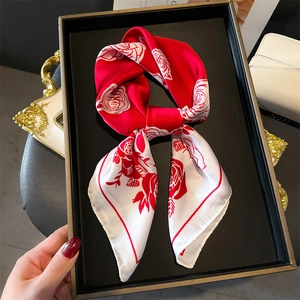 Elegant Square Satin Like Scarf Rose Floral Print Professional Neck Wrap Fashion Versatile Handkerchief For Women
