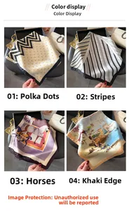Détail de quatre motifs de foulards en soie avec rayures, pois et imprimés équestres
