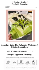 Detailed view of green floral satin silk scarf with specifications and care instructions