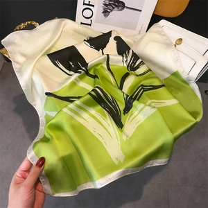 Elegant floral silk-feel square scarf with cream and green color block design