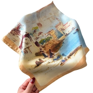 Carré de soie satinée 70cm à imprimé peinture à l'huile et paysage méditerranéen
