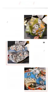 Détails de trois foulards carrés en soie synthétique avec motifs floraux et bords roulés