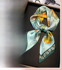 Detailed view of floral silk scarf featuring vintage patterns on a display tray