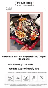 Detail showing ethnic floral satin silk scarf pattern with 70x70cm size specification