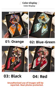 Floral silk-like square scarves in four colors shown as elegant bow tie accessories