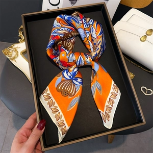 Ethnic floral silk square scarf with bohemian orange and blue pattern in gift box