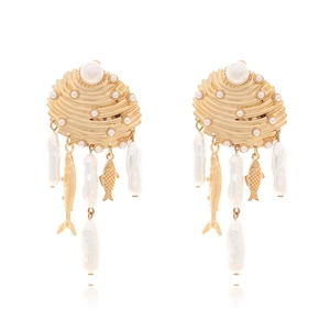 Boucles D'oreilles Pendantes Thème Océan Avec Pendentifs Coquillage Poisson Künstliche Perles Baroques Alliage De Zinc Doré