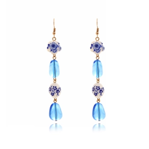 Vintage Blue And White Porcelain Ceramic Drop Earrings With Resin Beads And Stainless Steel Earring Post Long Teardrop
