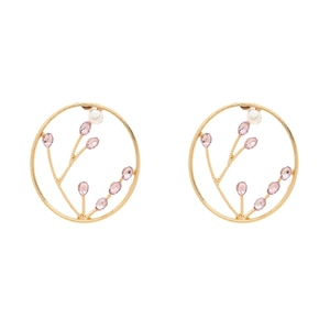 Vintage gold hoop earrings with branch design, pink crystals and white pearls for women