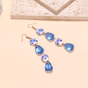 Vintage blue porcelain drop earrings with resin beads and gold hooks for women