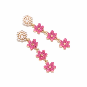Pink enamel flower earrings with pearl studs and gold chains in long tiered design