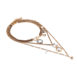 Vintage multilayered gold necklace with heart watch pendant and pearl charms