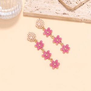 Pink enamel flower drop earrings with pearls and gold floral petals for elegant women