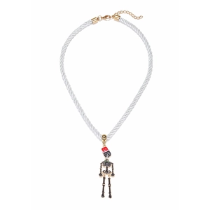 Detail of Halloween skull pendant with red hat on white woven cord with golden clasp