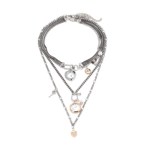 Retro Multi Layer Necklace Zinc Alloy Heart Round Watch Dial Eiffel Tower Key Faux Artificial Pearl Pendant Punk Jewelry Women