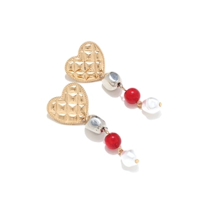 Golden heart earrings with quilted texture and colorful baroque imitation pearl pendants