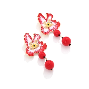 Chic red enamel evil eye earrings with floral design and round bead drops