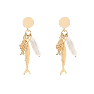 Baroque pearl earrings with golden fish pendants in a vintage nautical style design