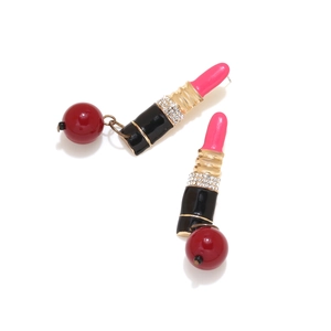 Chic lipstick drop earrings with enamel finish and sparkling crystal accents on white base