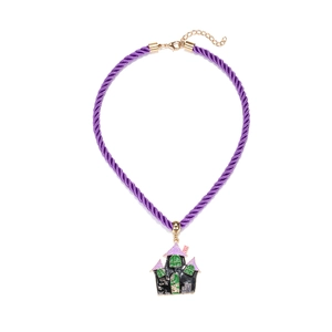 Halloween haunted house pendant necklace with purple cord and adjustable gold lobster clasp