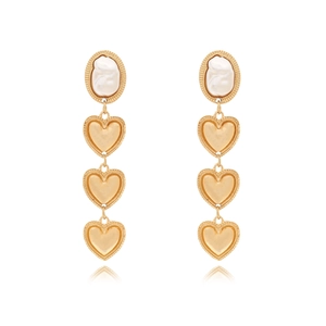 Vintage Gold Tone Long Drop Earrings With Baroque Imitation Artificial Pearl And Triple Heart Pendants Stainless Steel Earring Post