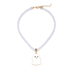 Close-up of cute ghost pendant with purple twisted rope chain and gold clasp