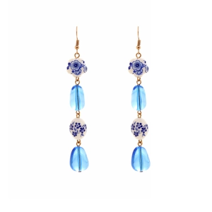 Irregular blue and white ceramic drop earrings with geometric resin and gold hooks