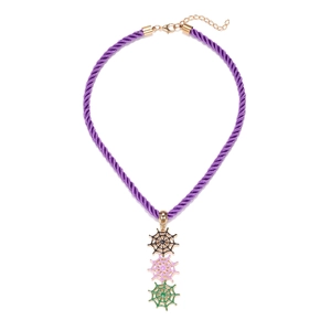 Detail of Halloween necklace with triple layered colorful spiderweb pendants and purple cord
