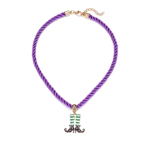 Halloween purple rope necklace featuring a colorful striped witch boot enamel pendant