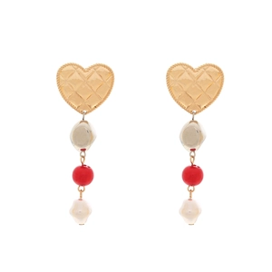 Baroque heart earrings with faux pearls and colorful beads in a vintage gold finish