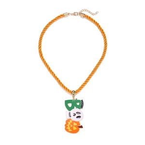 Halloween BOO necklace featuring skull and pumpkin charms on a vibrant orange cord
