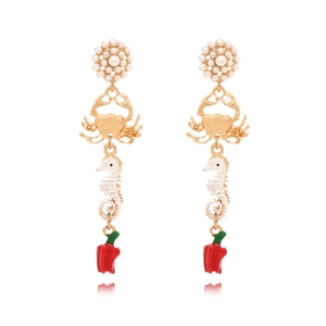 Seahorse Crab Chili Long Drop Earrings With Faux Artificial Pearl And Stainless Steel Earring Post Alloy Creative Retro Jewelry