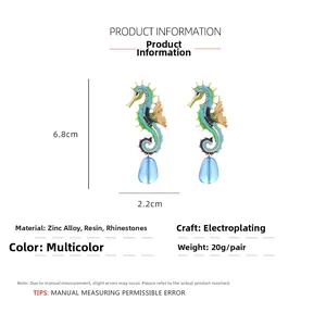 Detailed view of seahorse earrings showing 6.8x2.2cm size and zinc alloy material
