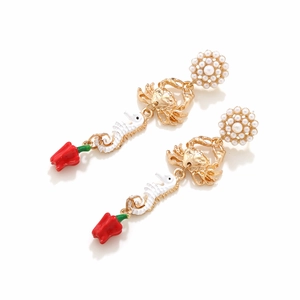 Creative sea horse crab and chili pendant drop earrings with pearls in gold finish