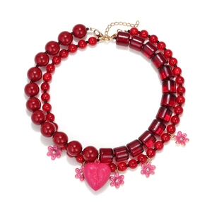 Handmade Layered Beaded Necklace With Resin Heart Flower Pendant Chic Red Pink Fashion Alloy Jewelry For Women