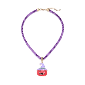 Detailed view of Halloween pumpkin pendant with witch hat on purple twisted cord necklace