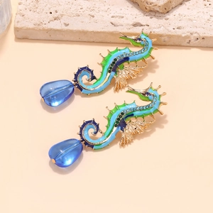 Colorful enamel seahorse drop earrings with sparkling rhinestones and blue beads