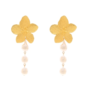 Boucles d'oreilles fleur dorées élégantes avec trois perles baroques suspendues