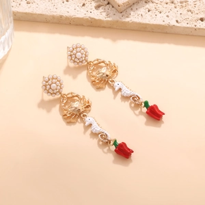 Retro gold crab and seahorse earrings with red chili pendants and pearl accents