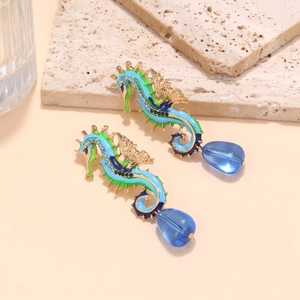 Detailed seahorse drop earrings with blue enamel, crystals and teardrop beads