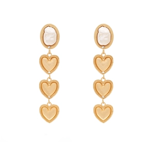Golden baroque pearl earrings featuring triple layered heart-shaped drop pendants