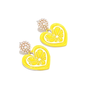 Exaggerated heart lemon slice earrings with white pearl studs and yellow enamel finish